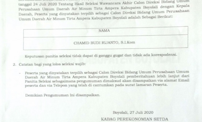 HASIL SELEKSI WAWANCARA AKHIR CALON DIREKSI BIDANG UMUM PERUSAHAAN UMUM DAERAH AIR MUNIM TIRTA AMPER...